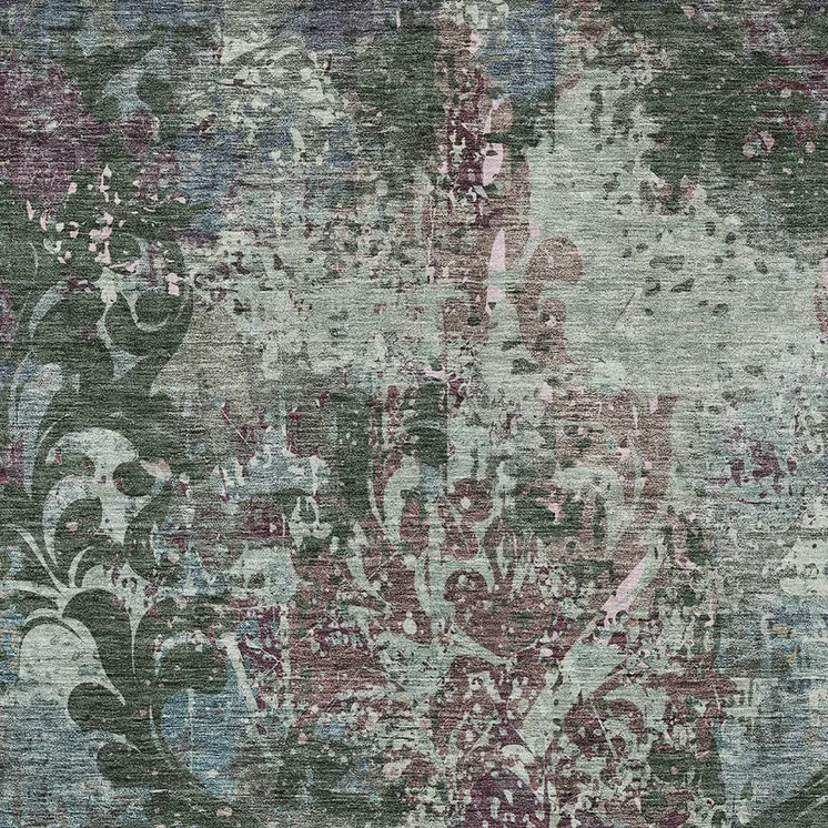9' X 12' Fern Green And Purple Damask Washable Indoor Outdoor Area Rug