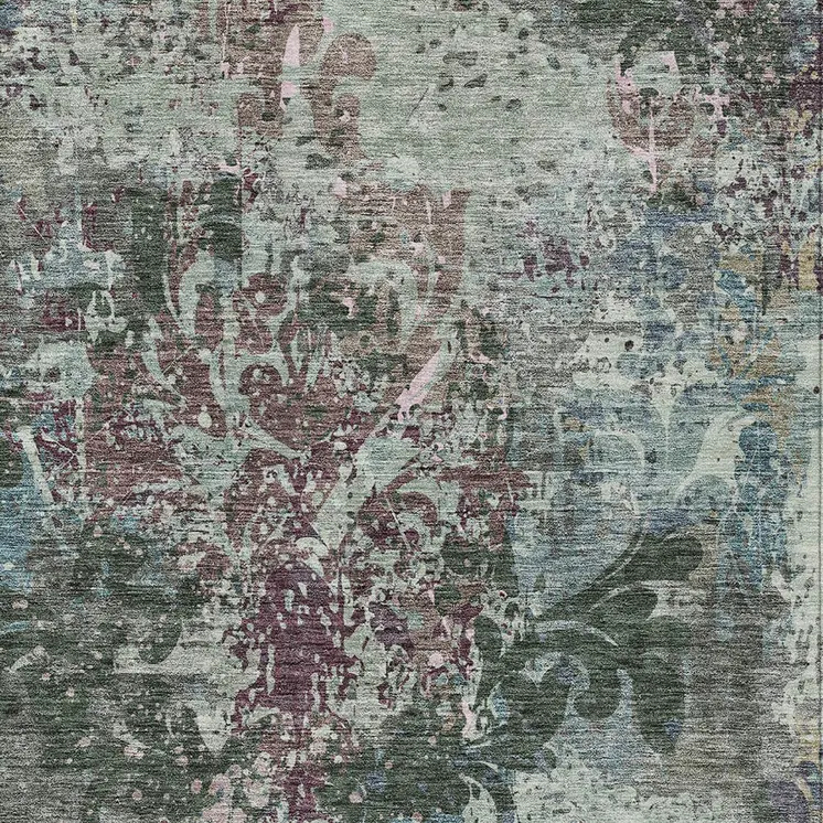 10' X 14' Fern Green And Purple Damask Washable Indoor Outdoor Area Rug