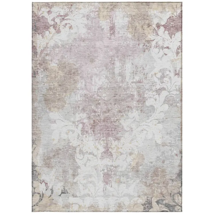3' X 5' Ivory Light Purple And Gray Damask Washable Indoor Outdoor Area Rug