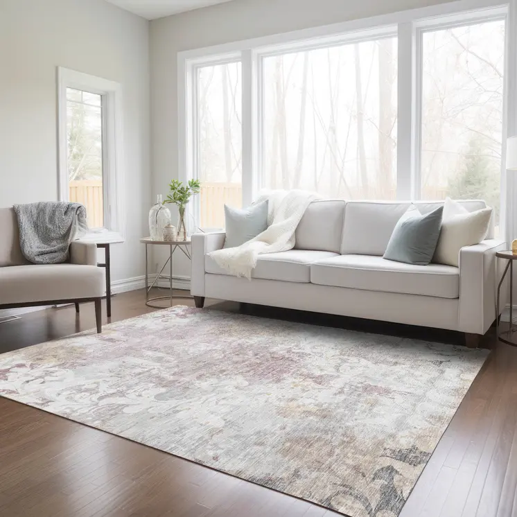 3' X 5' Ivory Light Purple And Gray Damask Washable Indoor Outdoor Area Rug