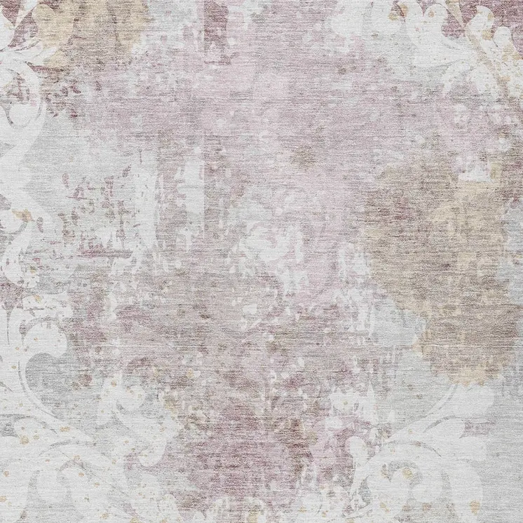 5' X 8' Ivory Light Purple And Gray Damask Washable Indoor Outdoor Area Rug