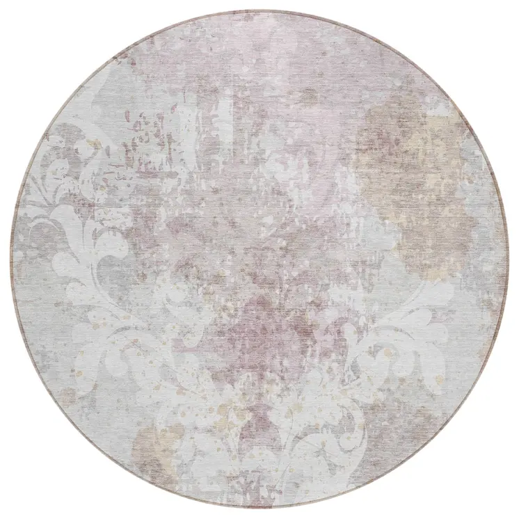 8' Ivory Light Purple And Gray Round Damask Washable Indoor Outdoor Area Rug