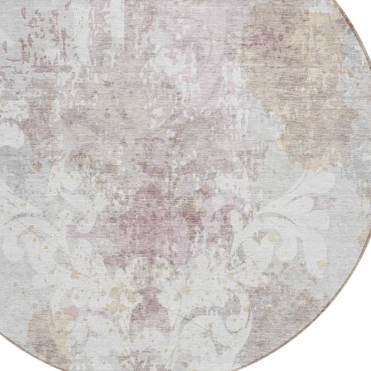 8' Ivory Light Purple And Gray Round Damask Washable Indoor Outdoor Area Rug
