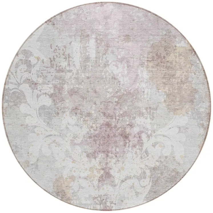 8' Ivory Light Purple And Gray Round Damask Washable Indoor Outdoor Area Rug