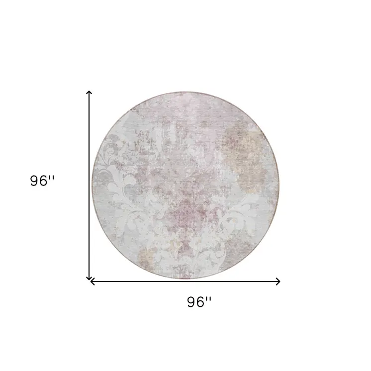 8' Ivory Light Purple And Gray Round Damask Washable Indoor Outdoor Area Rug