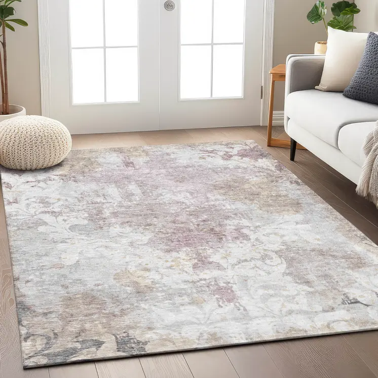 8' X 10' Ivory Light Purple And Gray Damask Washable Indoor Outdoor Area Rug