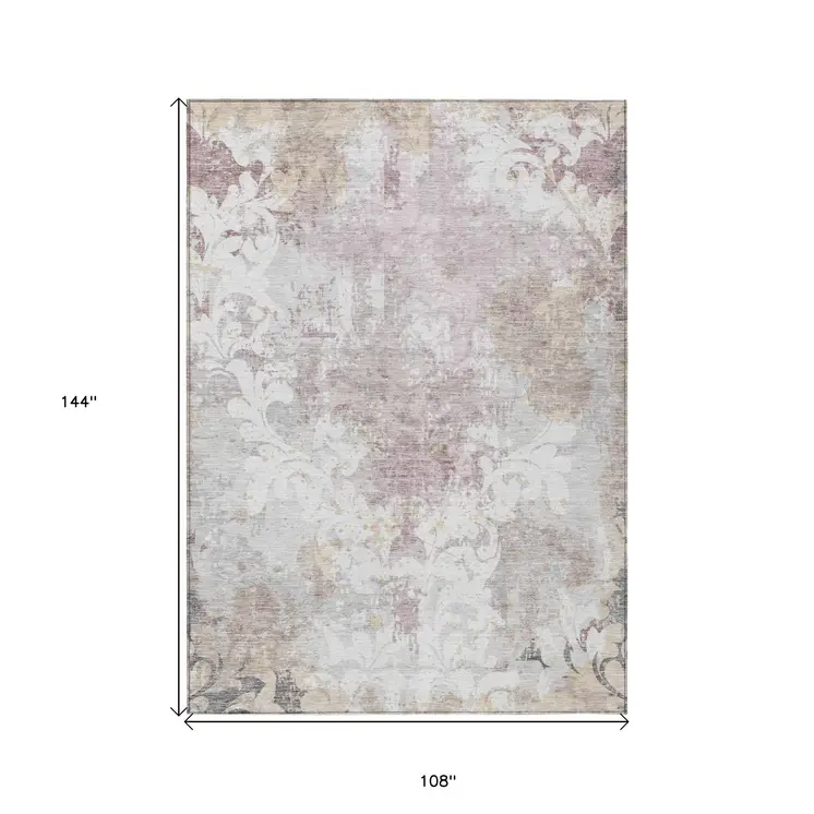 9' X 12' Ivory Light Purple And Gray Damask Washable Indoor Outdoor Area Rug