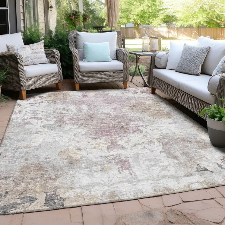 9' X 12' Ivory Light Purple And Gray Damask Washable Indoor Outdoor Area Rug