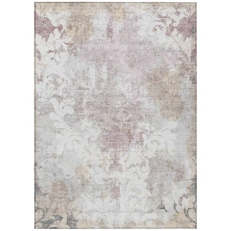 10' X 14' Ivory Light Purple And Gray Damask Washable Indoor Outdoor Area Rug