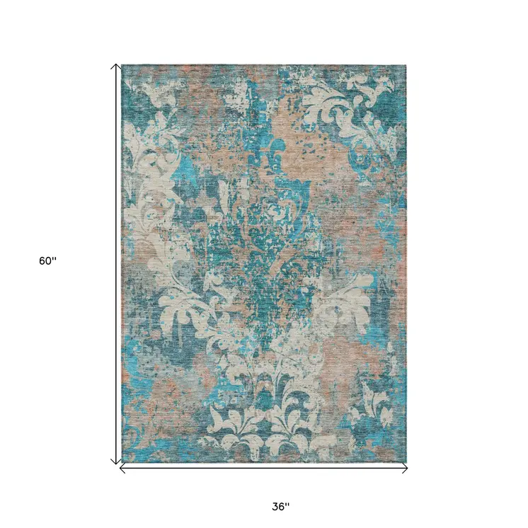 3' X 5' Teal Blue Ivory And Light Brown Damask Washable Indoor Outdoor Area Rug