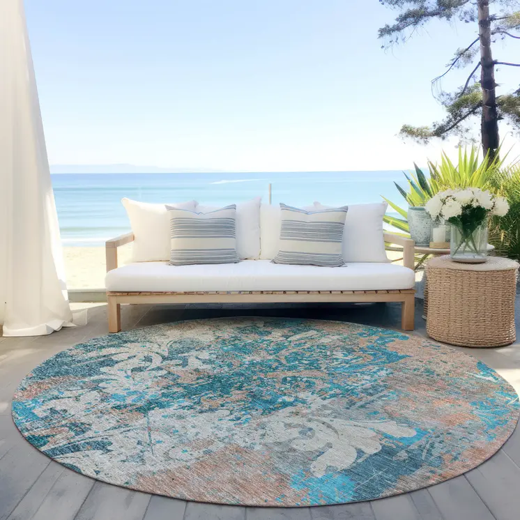 8' Teal Blue Ivory And Light Brown Round Damask Washable Indoor Outdoor Area Rug
