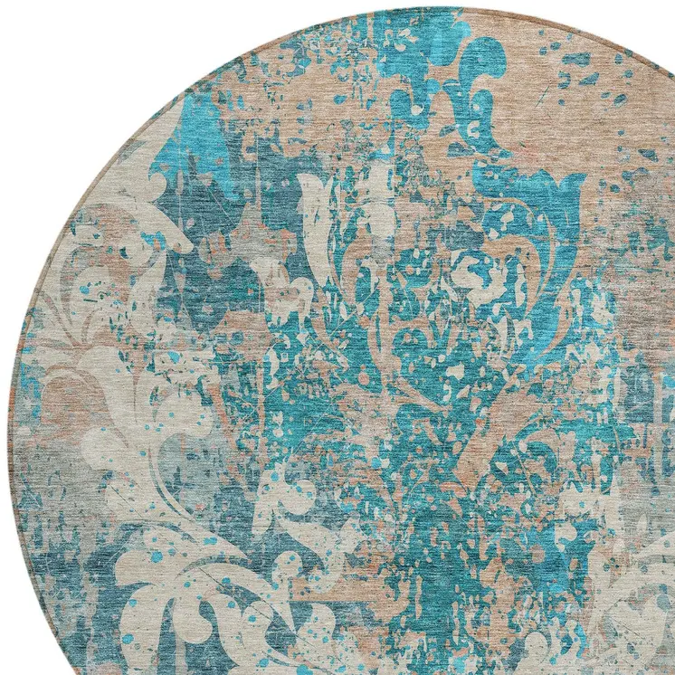 8' Teal Blue Ivory And Light Brown Round Damask Washable Indoor Outdoor Area Rug