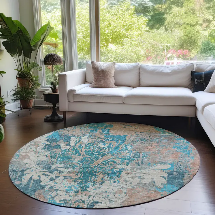 8' Teal Blue Ivory And Light Brown Round Damask Washable Indoor Outdoor Area Rug