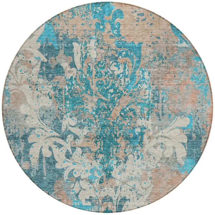 8' Teal Blue Ivory And Light Brown Round Damask Washable Indoor Outdoor Area Rug