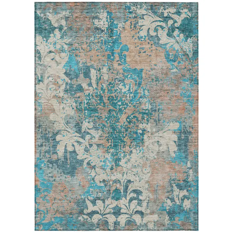 8' X 10' Teal Blue Ivory And Light Brown Damask Washable Indoor Outdoor Area Rug