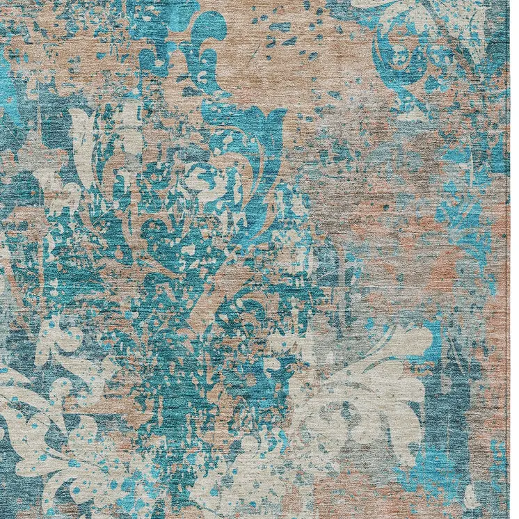 8' X 10' Teal Blue Ivory And Light Brown Damask Washable Indoor Outdoor Area Rug