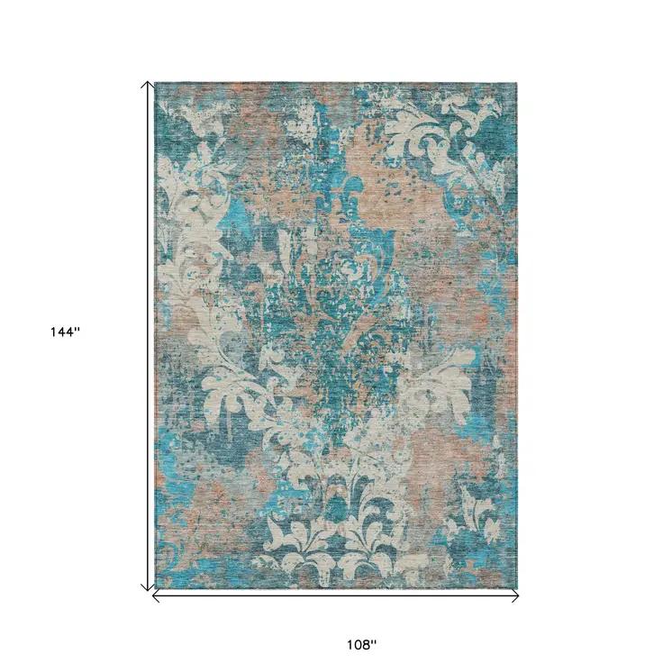 9' X 12' Teal Blue Ivory And Light Brown Damask Washable Indoor Outdoor Area Rug