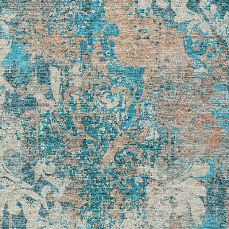 9' X 12' Teal Blue Ivory And Light Brown Damask Washable Indoor Outdoor Area Rug