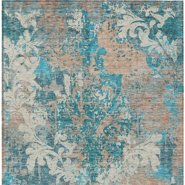 10' X 14' Teal Blue Ivory And Light Brown Damask Washable Indoor Outdoor Area Rug