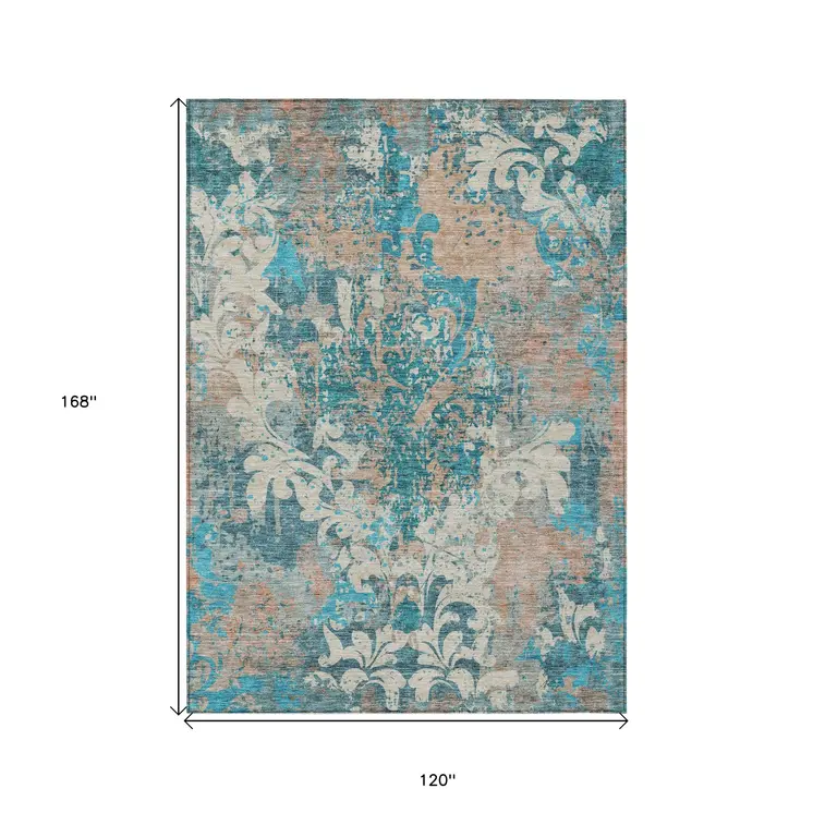 10' X 14' Teal Blue Ivory And Light Brown Damask Washable Indoor Outdoor Area Rug