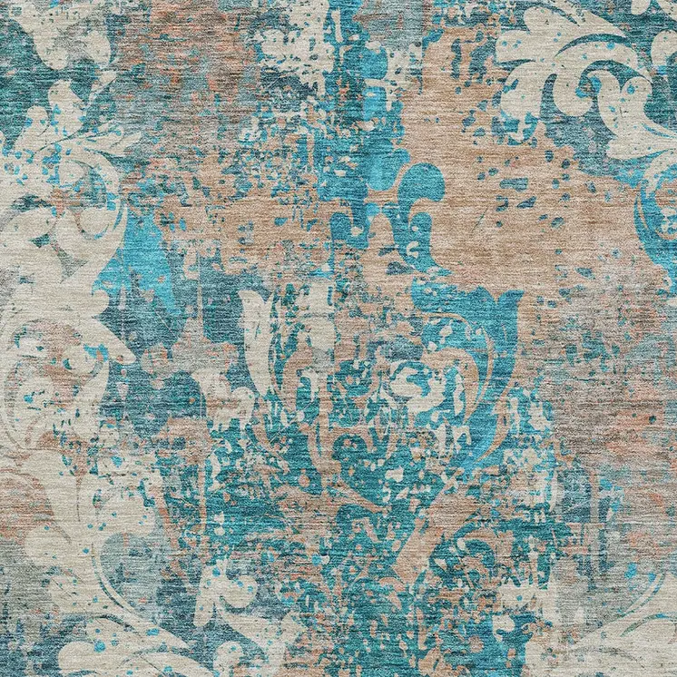 10' X 14' Teal Blue Ivory And Light Brown Damask Washable Indoor Outdoor Area Rug