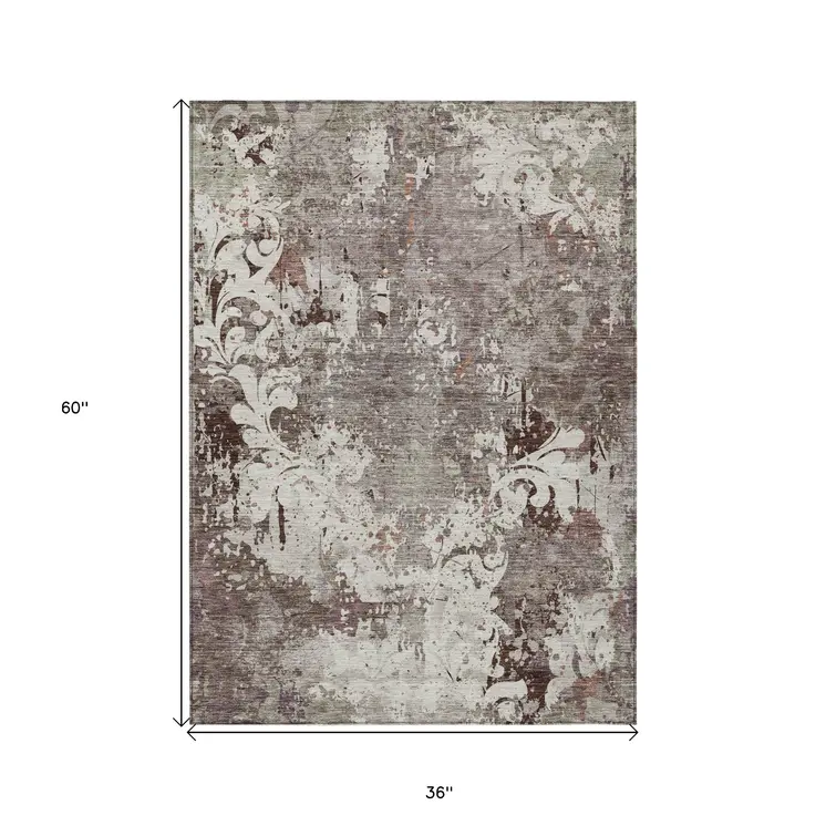 3' X 5' Taupe Ivory And Brown Damask Washable Indoor Outdoor Area Rug