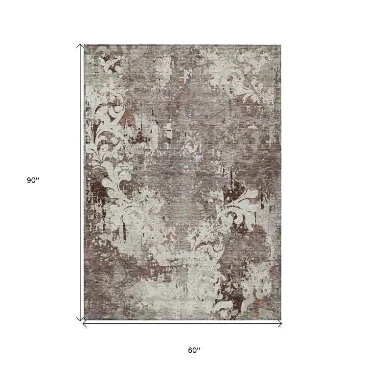5' X 8' Taupe Ivory And Brown Damask Washable Indoor Outdoor Area Rug