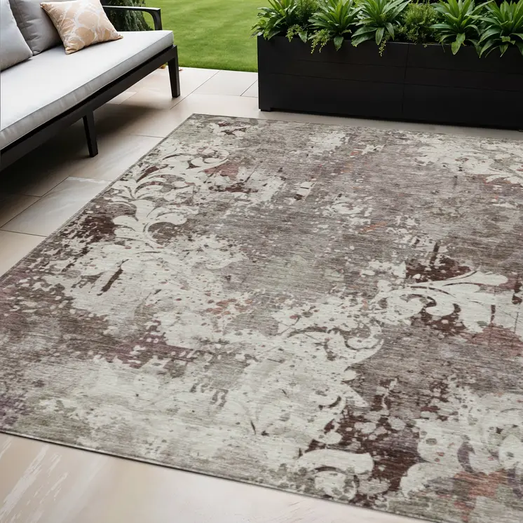 5' X 8' Taupe Ivory And Brown Damask Washable Indoor Outdoor Area Rug