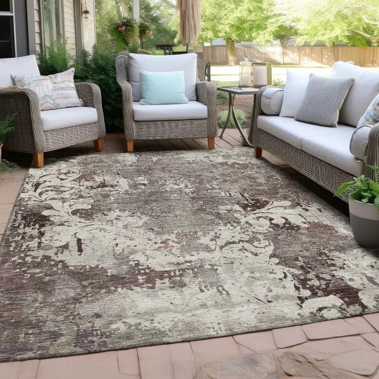 5' X 8' Taupe Ivory And Brown Damask Washable Indoor Outdoor Area Rug