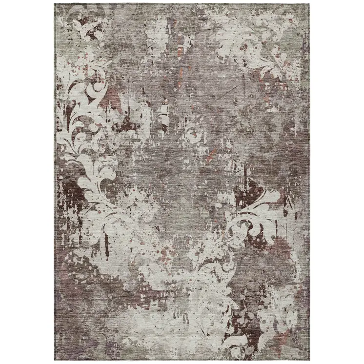 5' X 8' Taupe Ivory And Brown Damask Washable Indoor Outdoor Area Rug