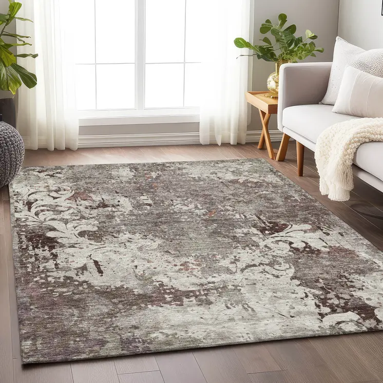 5' X 8' Taupe Ivory And Brown Damask Washable Indoor Outdoor Area Rug