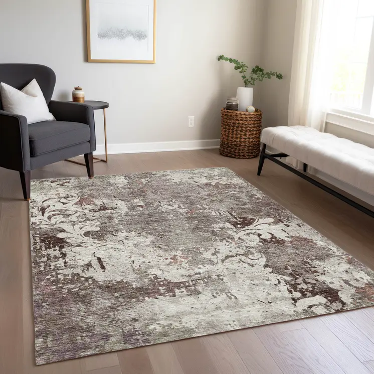 5' X 8' Taupe Ivory And Brown Damask Washable Indoor Outdoor Area Rug