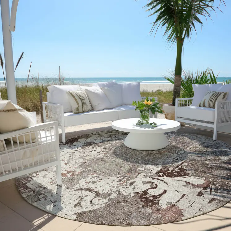 8' Taupe Ivory And Brown Round Damask Washable Indoor Outdoor Area Rug