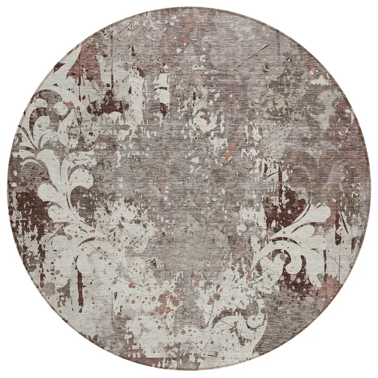 8' Taupe Ivory And Brown Round Damask Washable Indoor Outdoor Area Rug