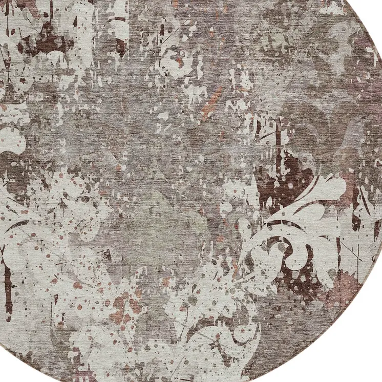 8' Taupe Ivory And Brown Round Damask Washable Indoor Outdoor Area Rug