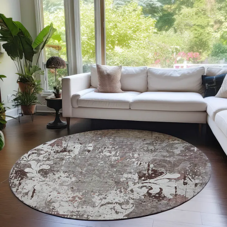 8' Taupe Ivory And Brown Round Damask Washable Indoor Outdoor Area Rug