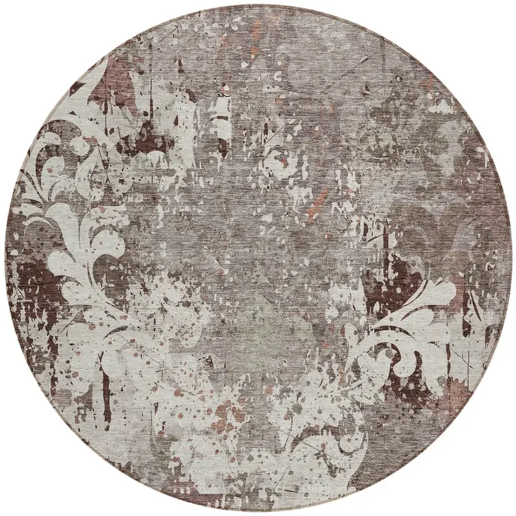 8' Taupe Ivory And Brown Round Damask Washable Indoor Outdoor Area Rug