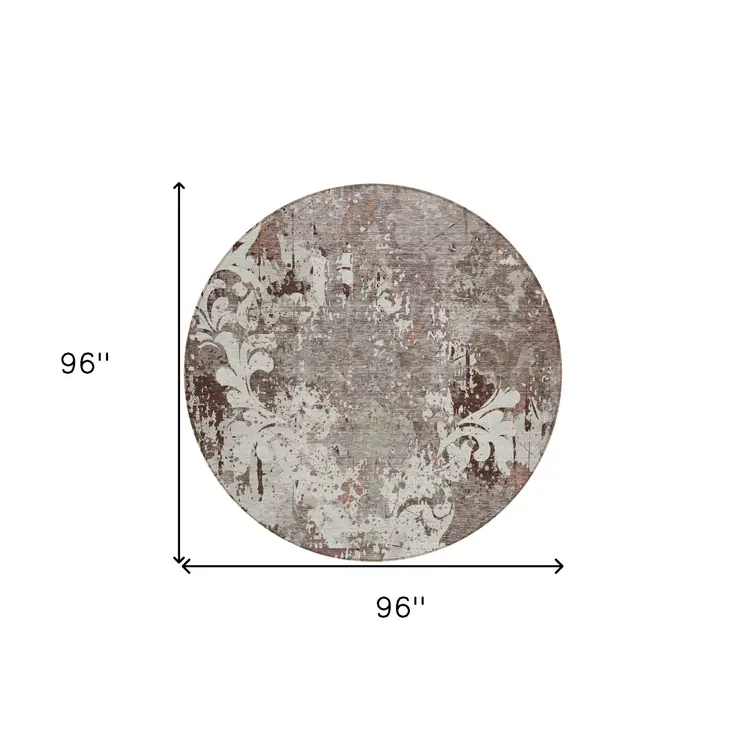 8' Taupe Ivory And Brown Round Damask Washable Indoor Outdoor Area Rug