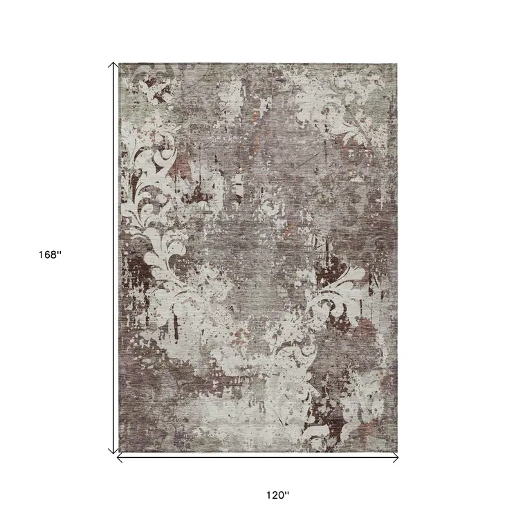 10' X 14' Taupe Ivory And Brown Damask Washable Indoor Outdoor Area Rug