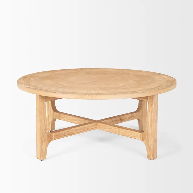 39" Natural and White Solid Wood Round Distressed Coffee Table