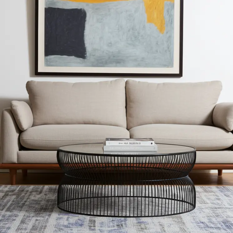 30" Black and Clear Glass and Iron Round Frame Coffee Table