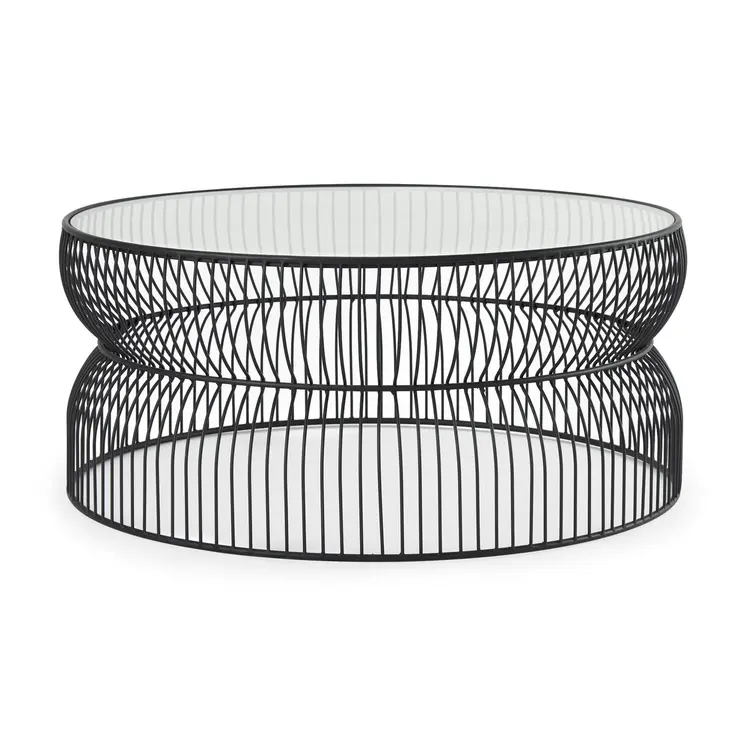 30" Black and Clear Glass and Iron Round Frame Coffee Table