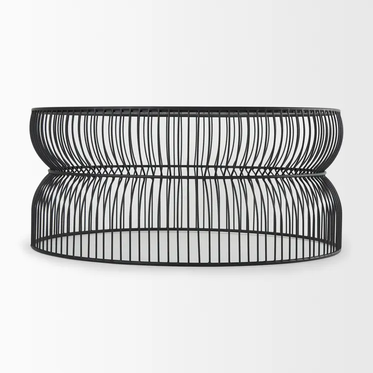 30" Black and Clear Glass and Iron Round Frame Coffee Table