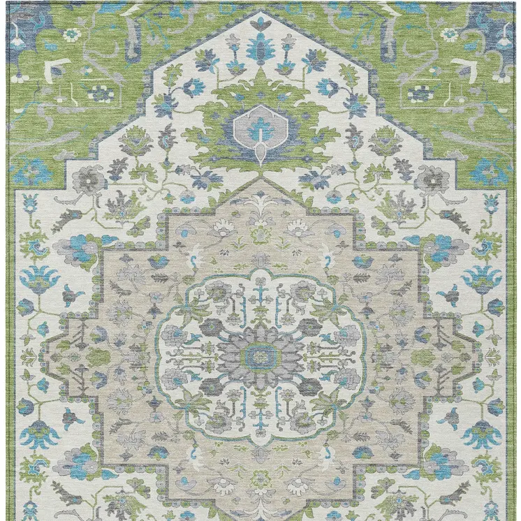 3' X 5' Artichoke Green Blue And Ivory Oriental Washable Indoor Outdoor Area Rug