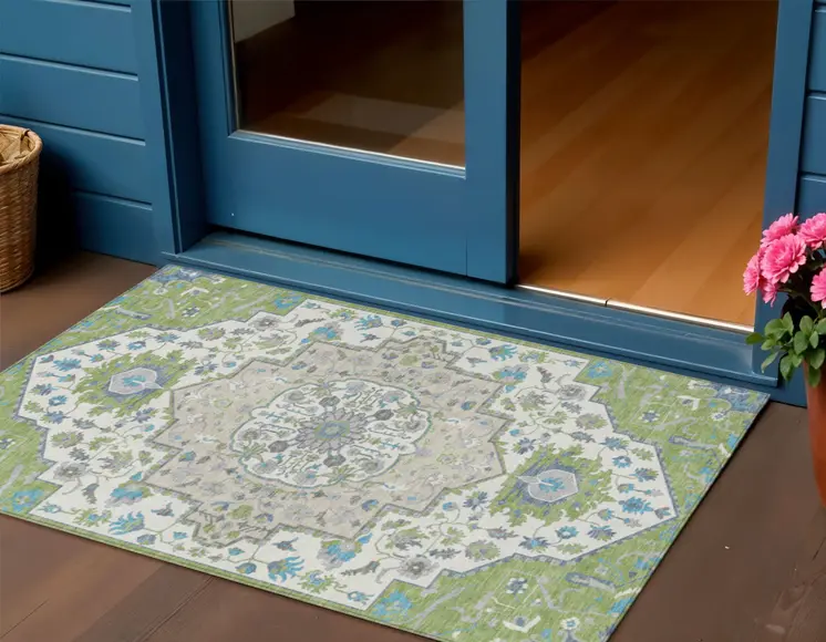 3' X 5' Artichoke Green Blue And Ivory Oriental Washable Indoor Outdoor Area Rug