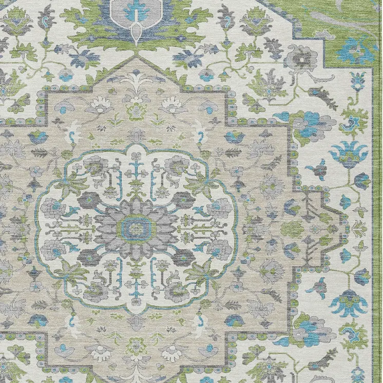 3' X 5' Artichoke Green Blue And Ivory Oriental Washable Indoor Outdoor Area Rug