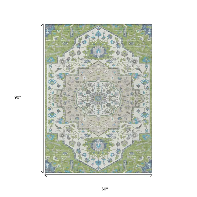 5' X 8' Artichoke Green Blue And Ivory Oriental Washable Indoor Outdoor Area Rug