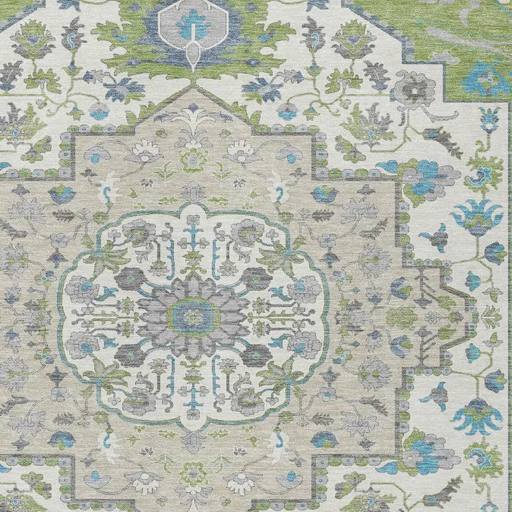 5' X 8' Artichoke Green Blue And Ivory Oriental Washable Indoor Outdoor Area Rug