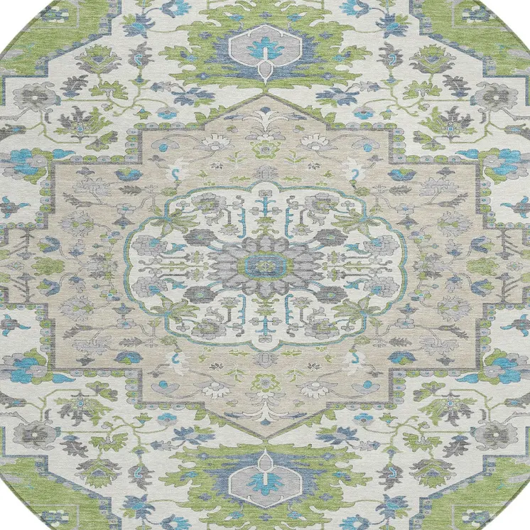 8' Artichoke Green Blue And Ivory Round Oriental Washable Indoor Outdoor Area Rug