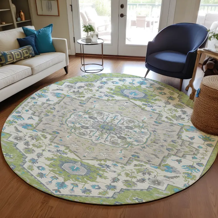 8' Artichoke Green Blue And Ivory Round Oriental Washable Indoor Outdoor Area Rug